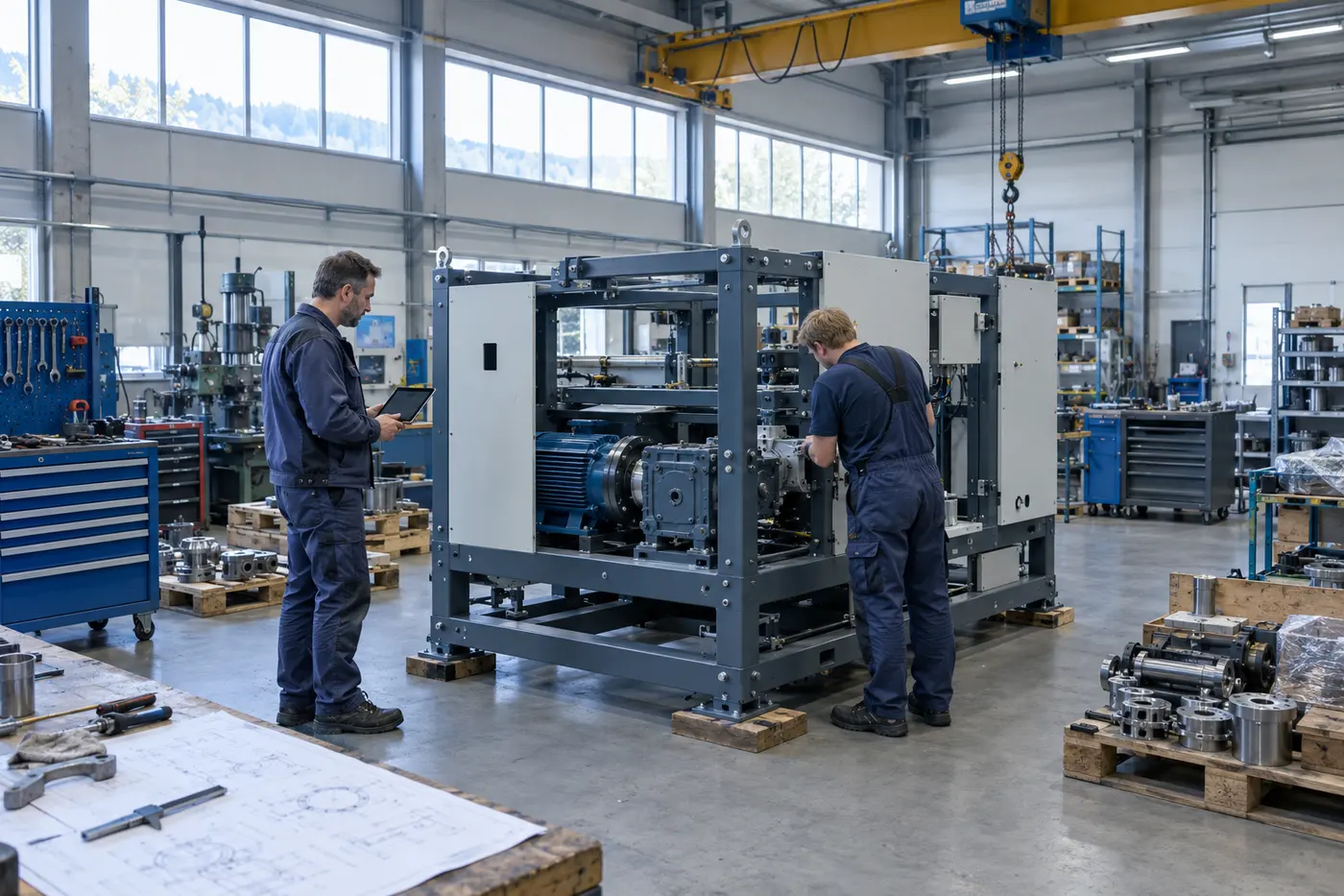 Dos técnicos montando una máquina industrial sobre su bancada de acero en el taller de un fabricante de maquinaria