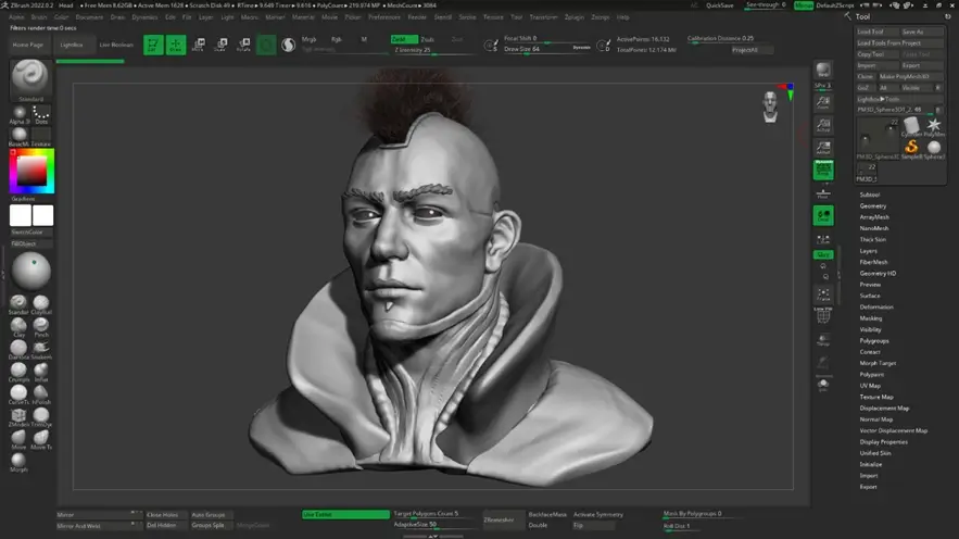 Software ZBrush con escultura digital de personaje